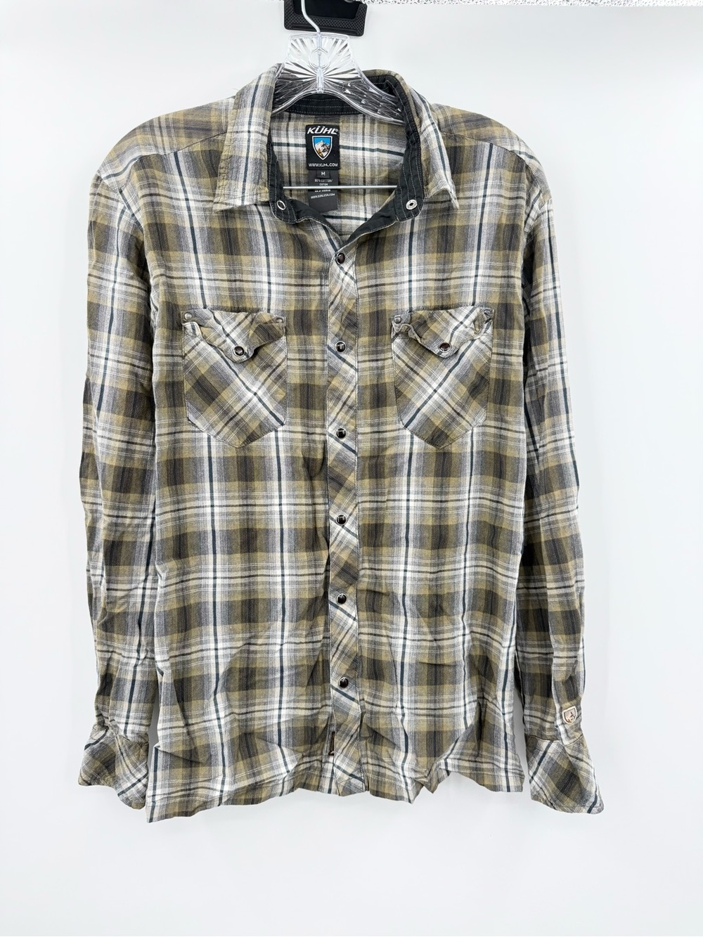 Kuhl Men's Snap Button Up Green Brown Plaid Shirt Size Medium